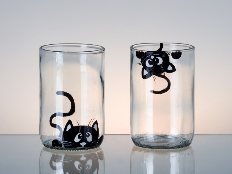 Sklenka Cat & Kočka z láhve od vína ručně malovaná
