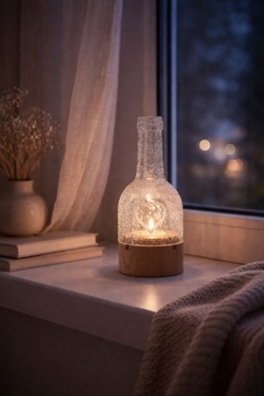 Svícen víno na dubové válcové podstavě s třpitivou malbou srdce - noční vize