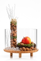 Dekorační set MOMENT – skleněné válce na dřevěném podstavci (s dekorací)