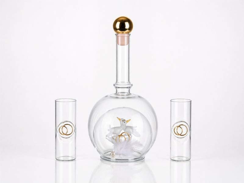 Svatební sada dárkové láhve s výdutí 0,2l holubičky a odlivek se zlatými prstýnky