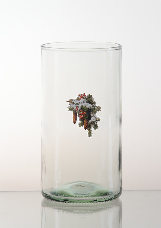 Vánoční sklenka z lahve od vína RETRO s obrázkem zasněžené větvičky